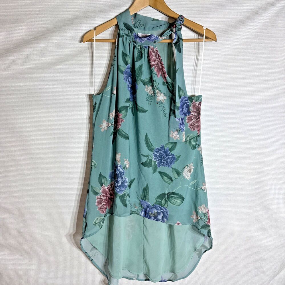 Sweet Pea High Neck Top M Long Hi Low Tunic Mockneck Tie Green Flowy NY & Co